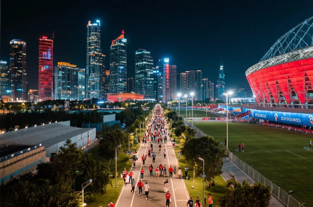 世界杯球场与城市夜景融合的旅行场景